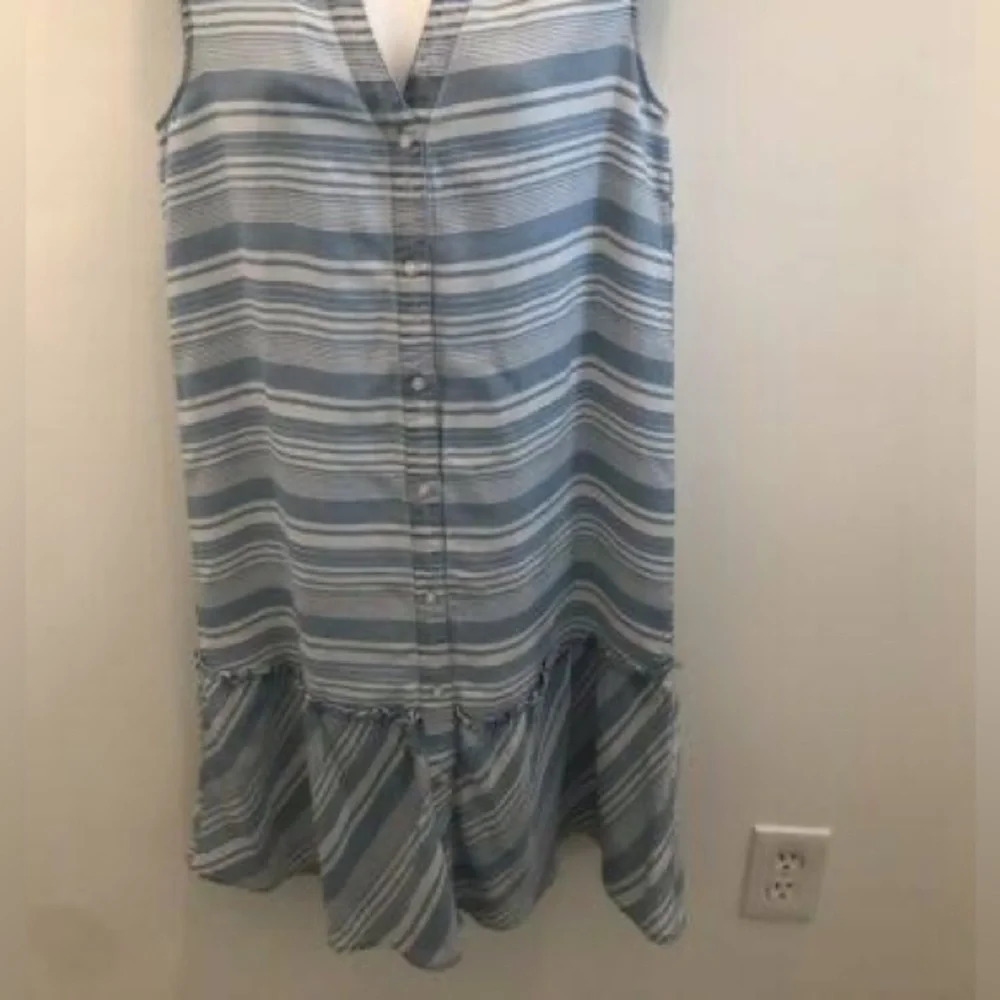 Sharagano Striped Blue/White Button Down Sheath Dress With Ruffle